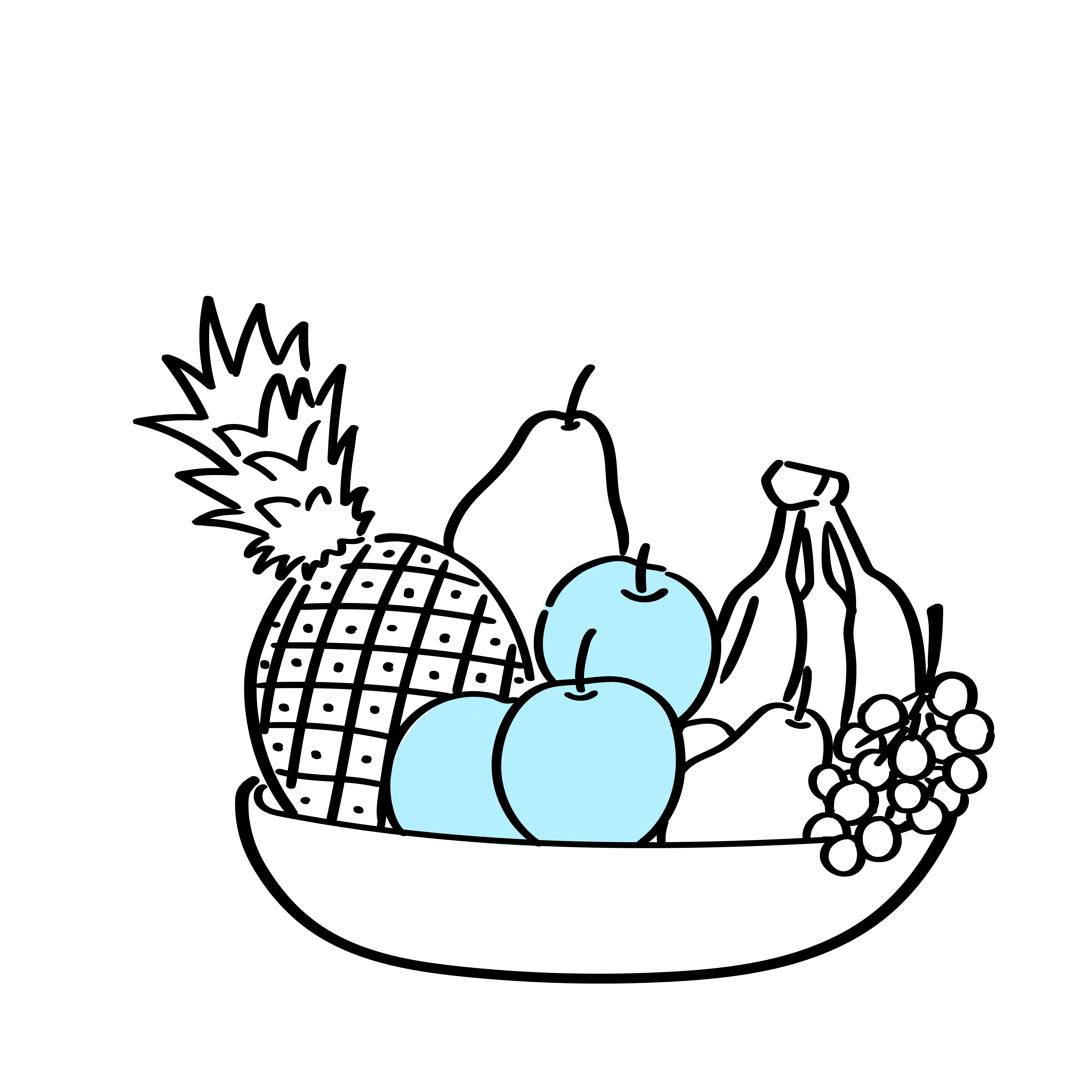 Fruitschaal met ananas, peer, appels, bananen en druiven.