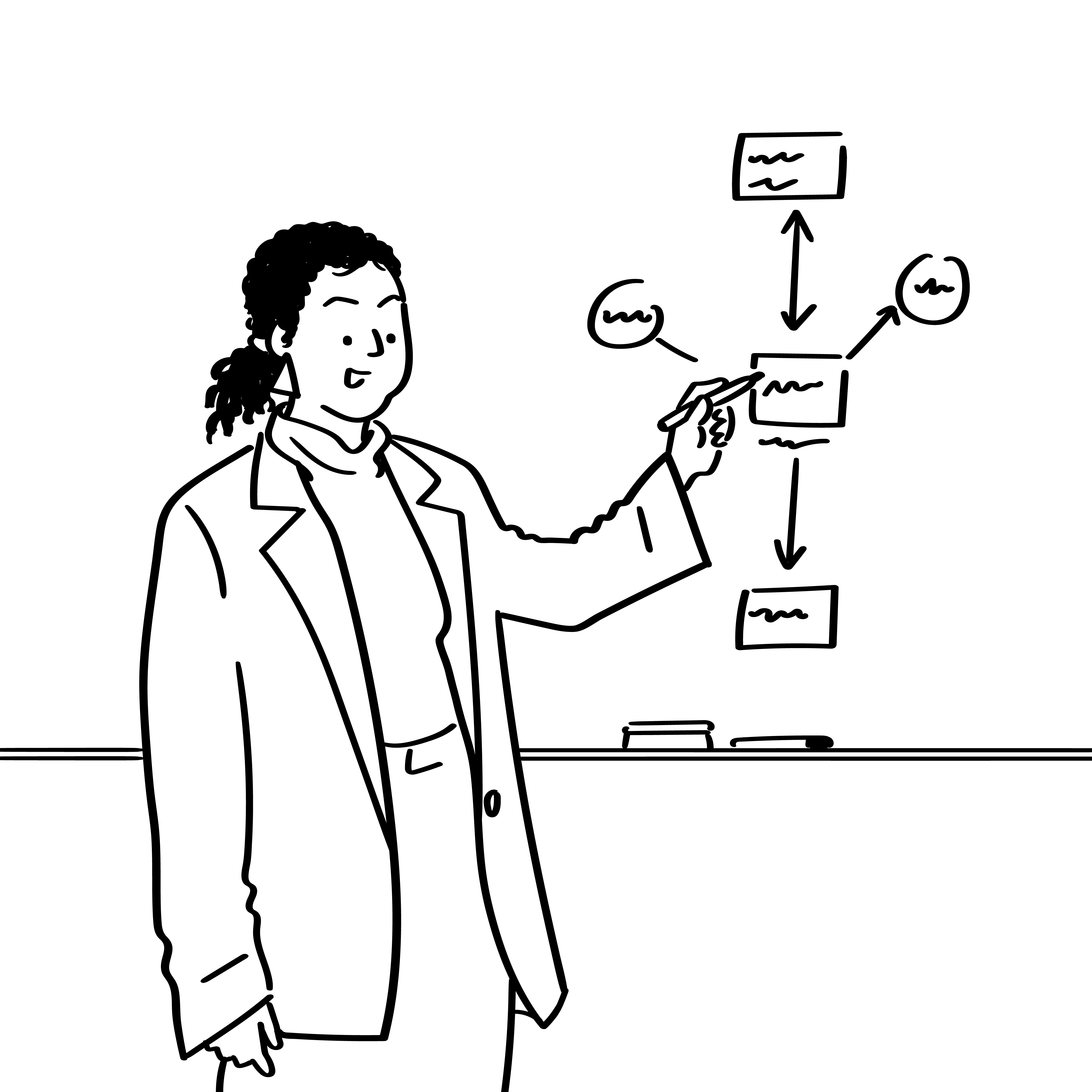 Vrouw tekent een stroomschema op een whiteboard tijdens een presentatie.