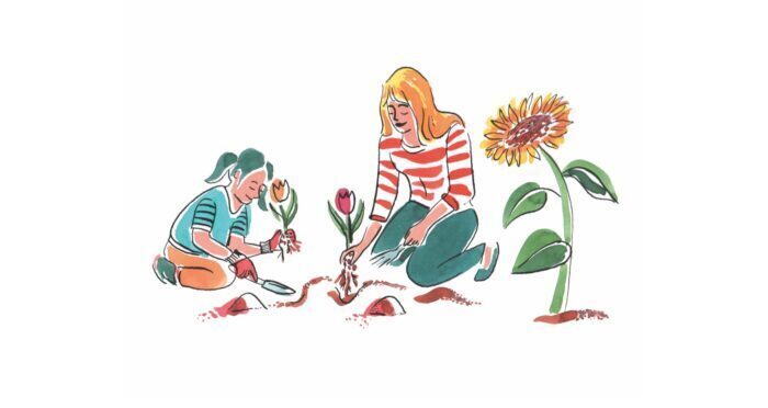 Getekende illustratie van een vrouw en een kind die samen planten in de grond zetten. Er staan bloemen en een grote zonnebloem naast hen.