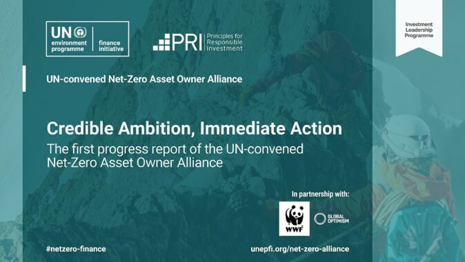 Groene grafische banner met de tekst “Credible Ambition, Immediate Action” en logo’s van UN, PRI en WWF.