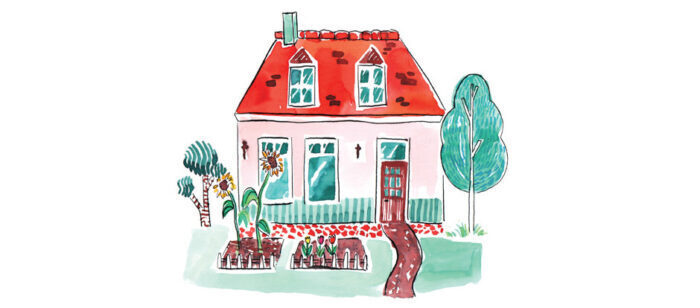Illustratie van een huis met tuin, bomen en een pad naar de voordeur.